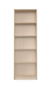 Front view of tall wooden bookcase on a white background