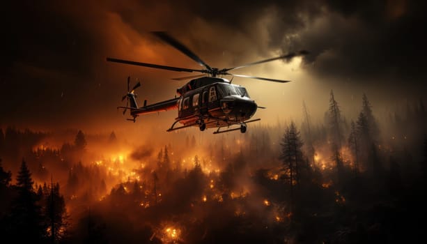 A helicopter flies over a burning forest from orange clouds of smoke in the sky. rescuing victims and extinguishing fires.Generative AI