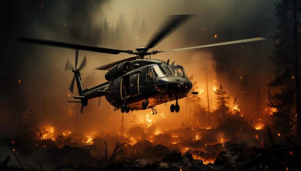 A helicopter flies over a burning forest from orange clouds of smoke in the sky. rescuing victims and extinguishing fires.Generative AI