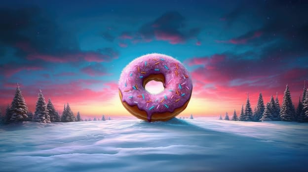 Christmas background.giant donuts with frosting in the winter forest. sweet world on christmas eve.Generative AI
