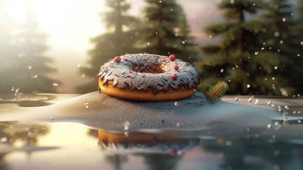 Christmas background.giant donuts with frosting in the winter forest. sweet world on christmas eve.Generative AI