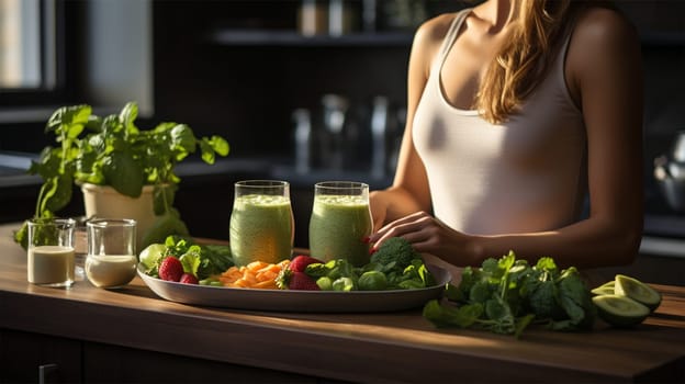 Sporty young woman is preparing healthy food on light kitchen. Green healthy food concept. Generative AI