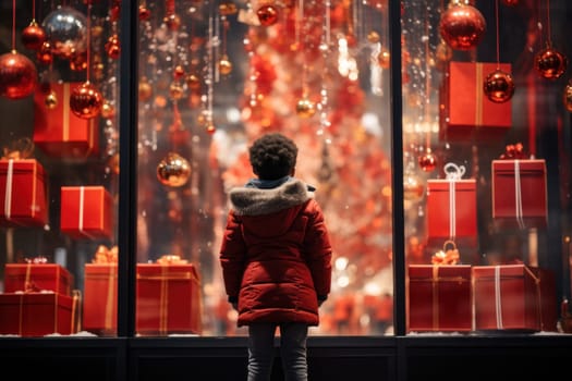 little boy in a red jacket looking through a display window at Christmas decorations and gifts in a store.Generative AI