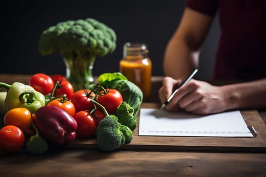 hands of a woman taking notes with recipes in a blank notebook on a kitchen table. Vegetarianism and healthy eating concept.Generative AI