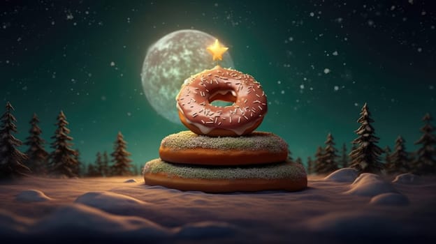 Christmas background.giant donuts with frosting in the winter forest. sweet world on christmas eve