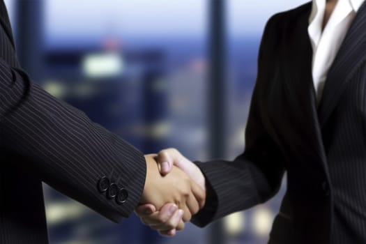 business handshake.Close-up of business people businessman and businesswoman making a deal low angle view of blurred business background.Generative AI