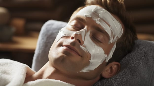 Closeup portrait of a man with a facial mask in a spa salon .Generative AI