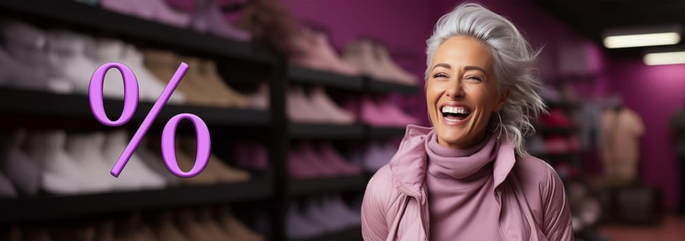 cheerful beautiful woman with gray hair against the background of shelves with shoes in the store. concept of sale of discounts and holidays. Generative AI