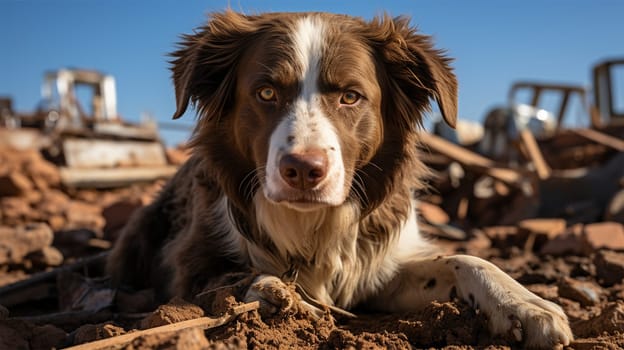 a dog lies on the ruins of a house after a natural disaster or war. Generative AI