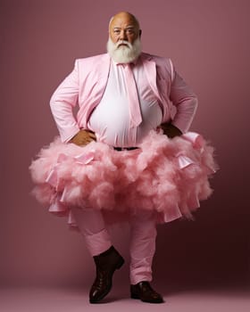 grey haired bearded fat man in a pink ballerina tutu and jacket on a pink background.concept of individuality and difference.Generative AI