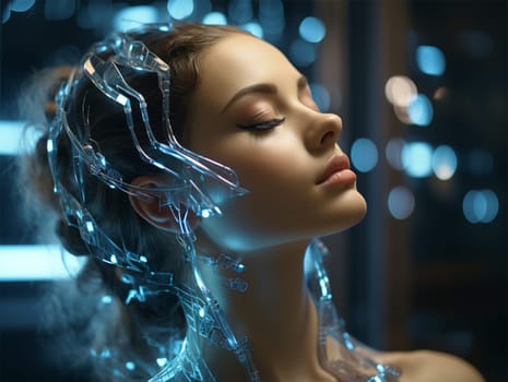 futuristic device with neon light on the face and around the head of a young woman. introduction of artificial intelligence in cosmetology and medicine.Generative AI