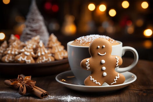 Christmas gingerbread cookies, holiday decorations and hot chocolate with cream in a mug on a Christmas background, close-up.Generative AI