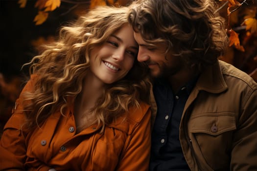 Happy young couple in warm clothes sits outdoors at autumn time and enjoying each other .family and relationship concept.Generative AI