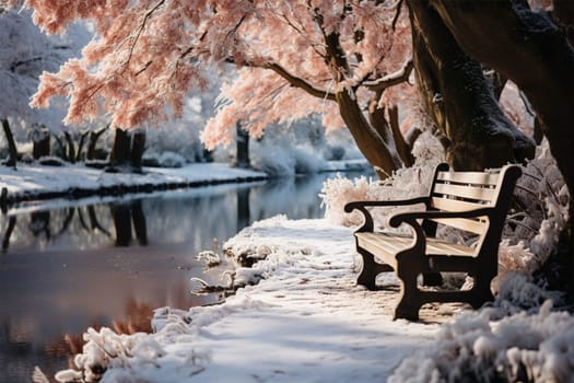 bench under blooming snow-covered trees.beautiful winter landscape.unexpected snow in the spring .Generative AI