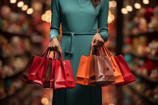 shopping and holidays concept.female shopper with colorful shopping bags on the background of a shopping center. Generative AI