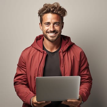 portrait of a young successful man in red clothes with a laptop .Generative AI