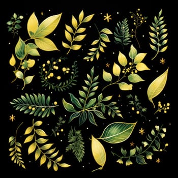 Watercolor tropical floral illustration with green leaves and greenery on black background for wedding inspiration, greetings, wallpapers, backgrounds, banners, cards and logo. duotone.Generative AI