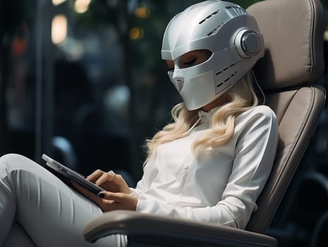 young woman relaxed in a chair during a health check using a helmet. futuristic helmet for medical research. Generative AI