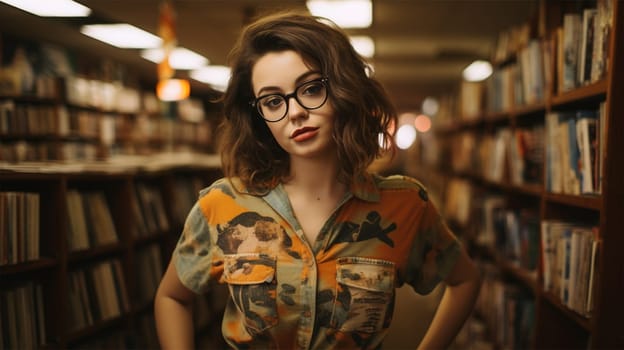Portrait of a young woman with glasses in the library. Library and knowledge concept.Generative AI