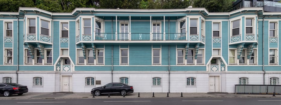 T.C. Cumhurbaskanligi Yatirim Ofisi, or Turkish Presidency Investment Office, a Neoclassical style blue and white wooden building located in Muallim Naci Street, Ortakoy, Besiktas, Istanbul, Turkey