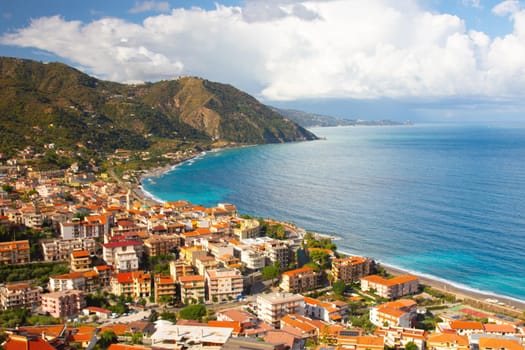 Gioiosa Marea, Sicily, Italy – 25 Sep 2023. Panoramic view of the town and the bay of Gioiosa Marea in the province of Messina.
