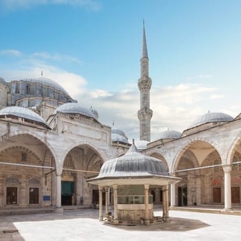 Courtyard of Sehzade Mosque, or Sehzade Camii, a 16th century Ottoman imperial mosque commissioned by Suleiman the Magnificent, located in the district of Fatih, on the third hill of Istanbul, Turkey