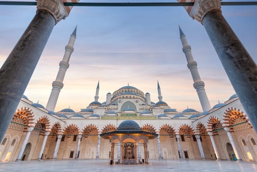 Sunset shot of Courtyard of Grand Camlia Mosque, or Buyuk Camlica Camii, a modern Islamic complex, built in 2019, located in Camlica hill in Uskudar district, Istanbul, Turkey