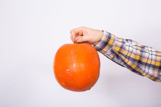 portrait of a young farmer holding a pumpkins on a light background studio.