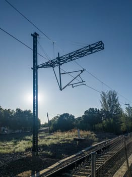 Overhead line of the high-speed train passing through Merida, Spain