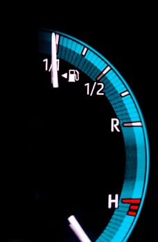 Car fuel gauge indicating full tank. Digital car dashboard indicators