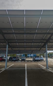 Solar canopy installation over parking. Wide angle lens view