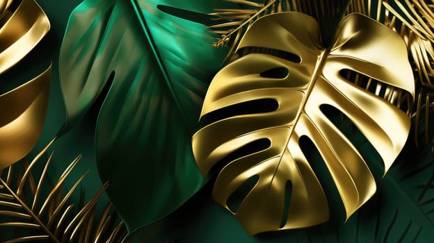 Green and golden palm leaves abstract background. Generative AI design