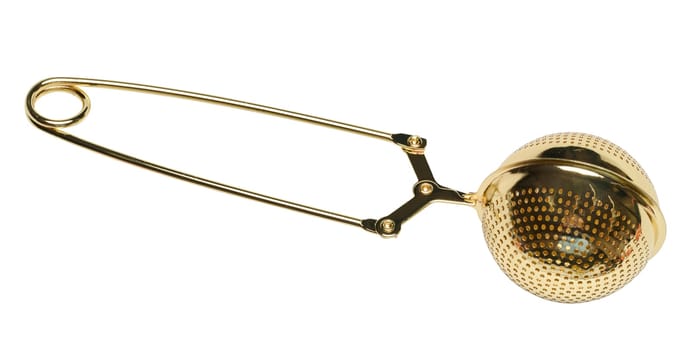 Metal golden strainer on a white isolated background