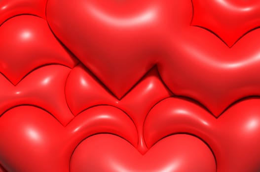 Red inflated hearts on a red background, 3D rendering illustration
