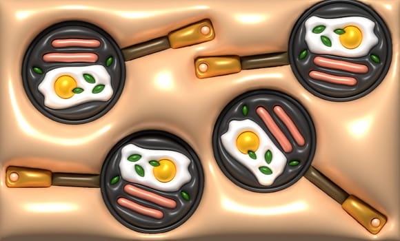 Scrambled eggs on a black frying pan with sausages on a beige background, 3d rendering illustration