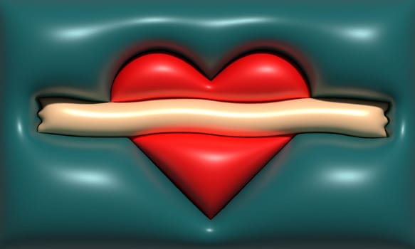 Red heart glued with a beige stripe on a green background, 3D rendering illustration