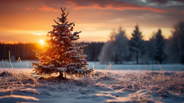 Beautiful view of outdoor Christmas decoration with snow and Pine or Christmas trees