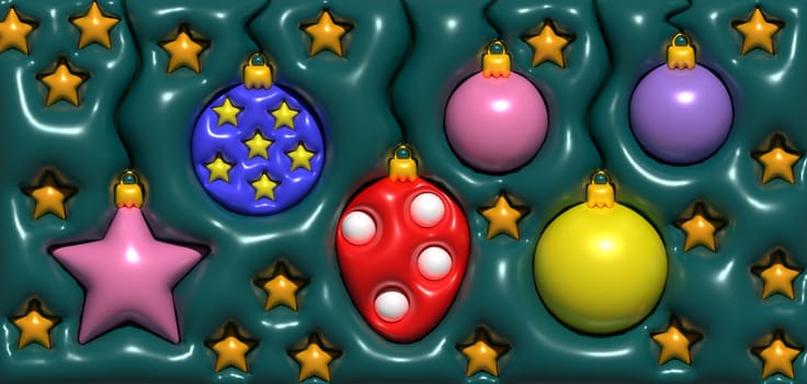 New Year's decor balls and figurines on a green background, 3D rendering illustration
