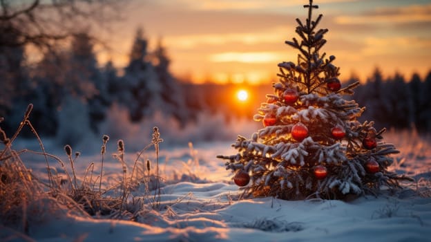 Beautiful view of outdoor Christmas decoration with snow and Pine or Christmas trees