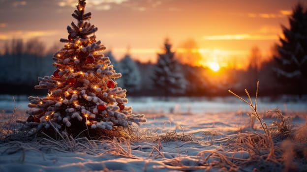 Beautiful view of outdoor Christmas decoration with snow and Pine or Christmas trees