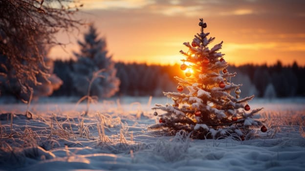 Beautiful view of outdoor Christmas decoration with snow and Pine or Christmas trees