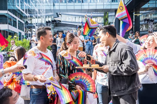 Bangkok, Thailand - JUN 4, 2023 Siam Center The World of Freedom and Pride 2023, The short action and atmosphere of Thailand's prime ministerial candidate and leader of a large Thai political party in the event.