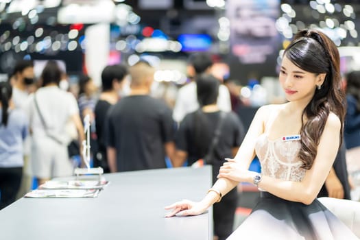 Nonthaburi, Thailand - MAR 26, 2023 Unidentified model poses with a car at The 44th Bangkok international motor show 2023 at IMPACT Arena, Muang Thong Thani, Nonthaburi, Thailand.