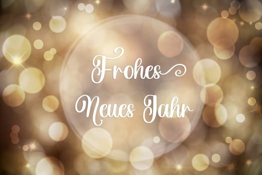 Golden Christmas Background, Festive, Blurry Bokeh Holiday Background With German Text Frohes Neues Jahr, Which Means Happy New Year In English
