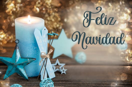 Spanish Text Feliz Navidad, Means Merry Christmas In English, With Candle, Turquoise, Warm, Festive Christmas Decoration, Winter Background