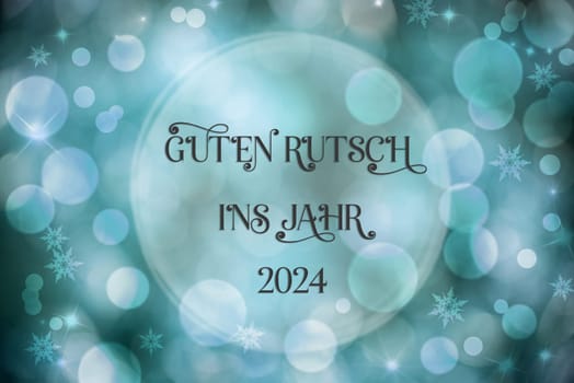 Blue Christmas Background, Blurry and Bokeh Festive Background With German Text Guten Rutsch ins Jahr 2024, Which Means Happy New Year 2024 in English