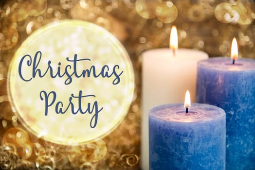 Text Christmas Party, With Candles, Golden, Glittering Winter Background, Festive, Cozy Atmosphere, Christmas Decoration