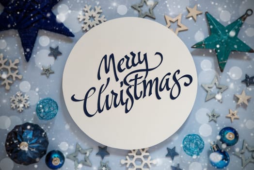 Blue Christmas Decor With Stars, Christmas Balls And Sign With Words Merry Christmas