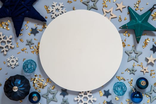 Copy Space, Blue Winter And Christmas Decoration, Christmas Background, Winter Flatlay With Start And Christmas Decor