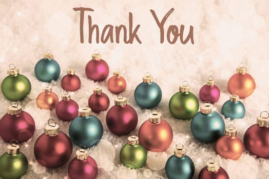 Text Thank You, Many Colorful Christmas Balls Symbolizing Diversity, In The Snow, Vintage Style